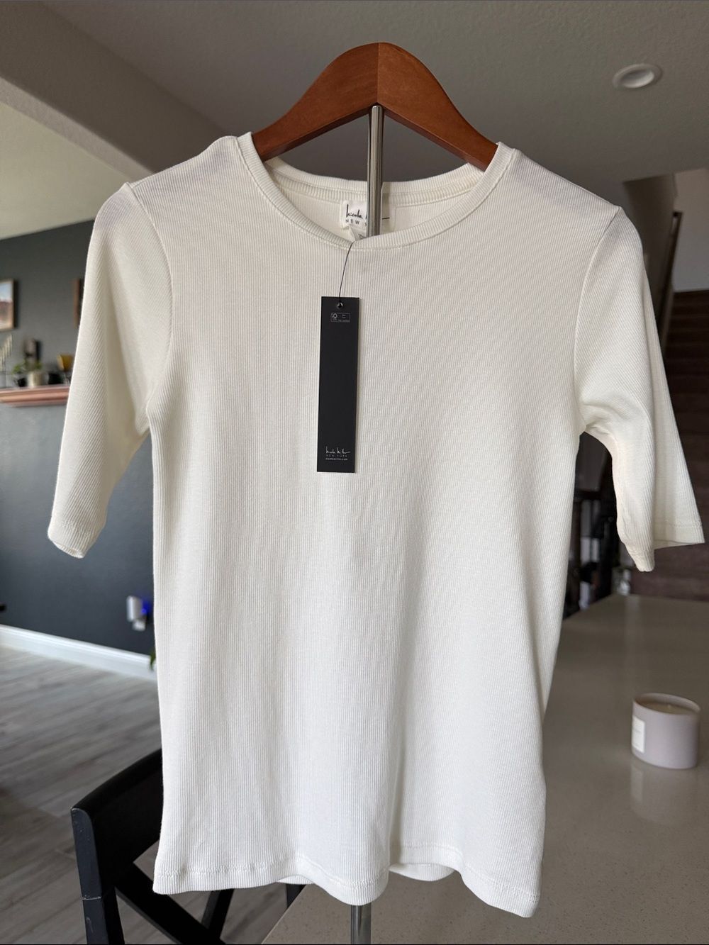 NWT Nicole Miller Ribbed White Tee XS Short Sleeves Prima Cotton Tencel